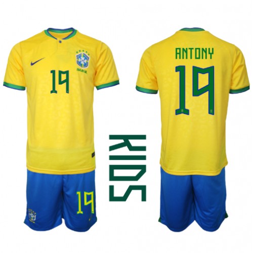 Dres Brazil Antony #19 Domaci za djecu SP 2022 Kratak Rukav (+ kratke hlače)
